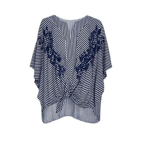 Chico's Tops - CHICO'S TIE FRONT HIGH LOW STRIPED FLORAL EMBROIDERED NOTCH NECK BATWING BLOUSE